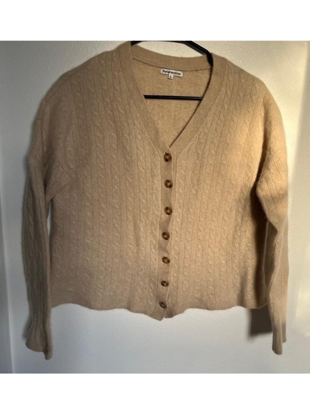 Reformation Recycle Cashmere Cardigan Women‎ Size S, V Neck Beige Cable Cropped